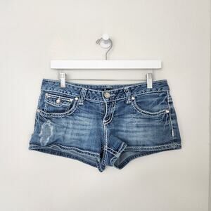Y2K Low Rise Mini Denim Shorts Bedazzled Stud White Stitch Distressed 6